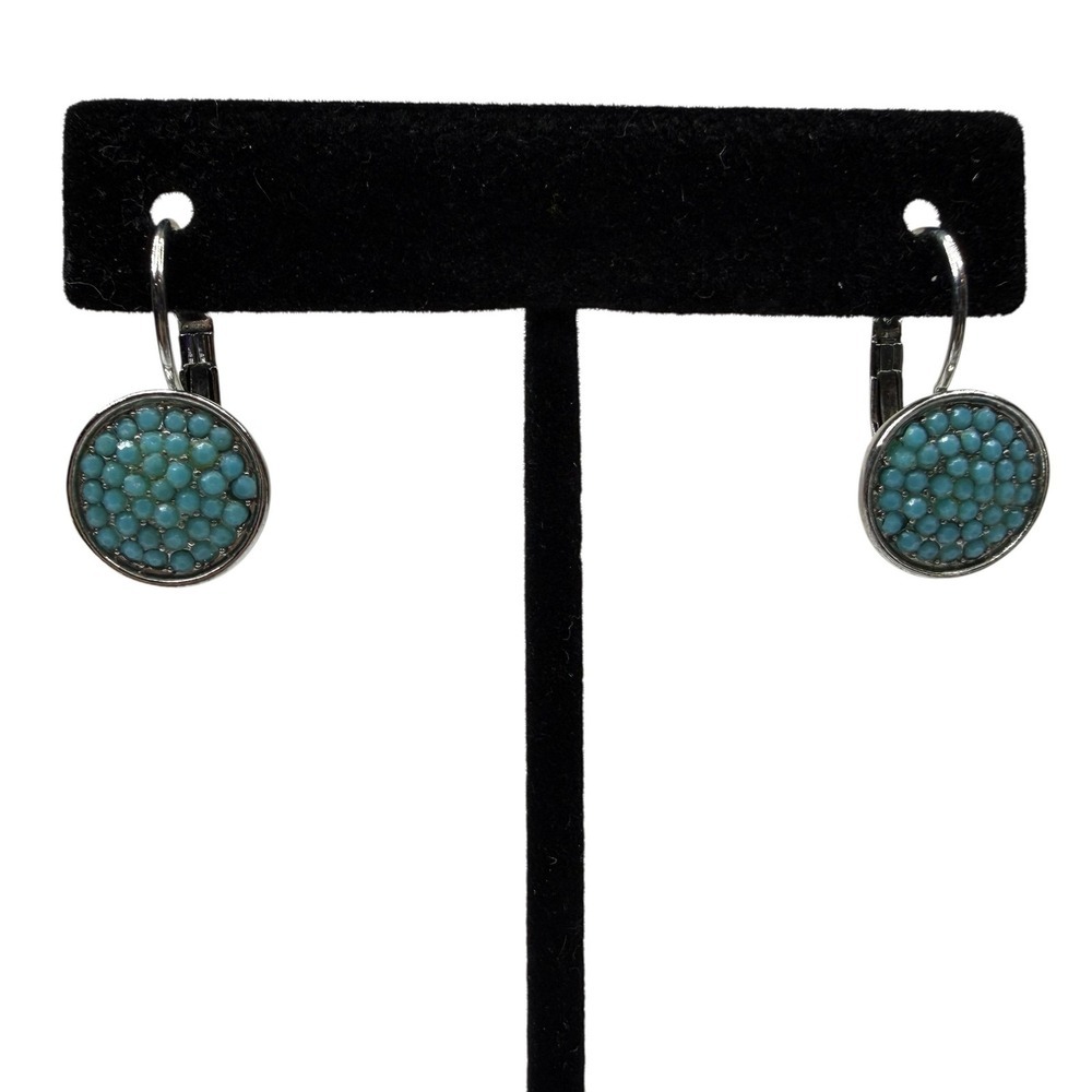 Silver Tone Turquoise Blue Green Cluster Stone Pave Set Earrings Leverback Back